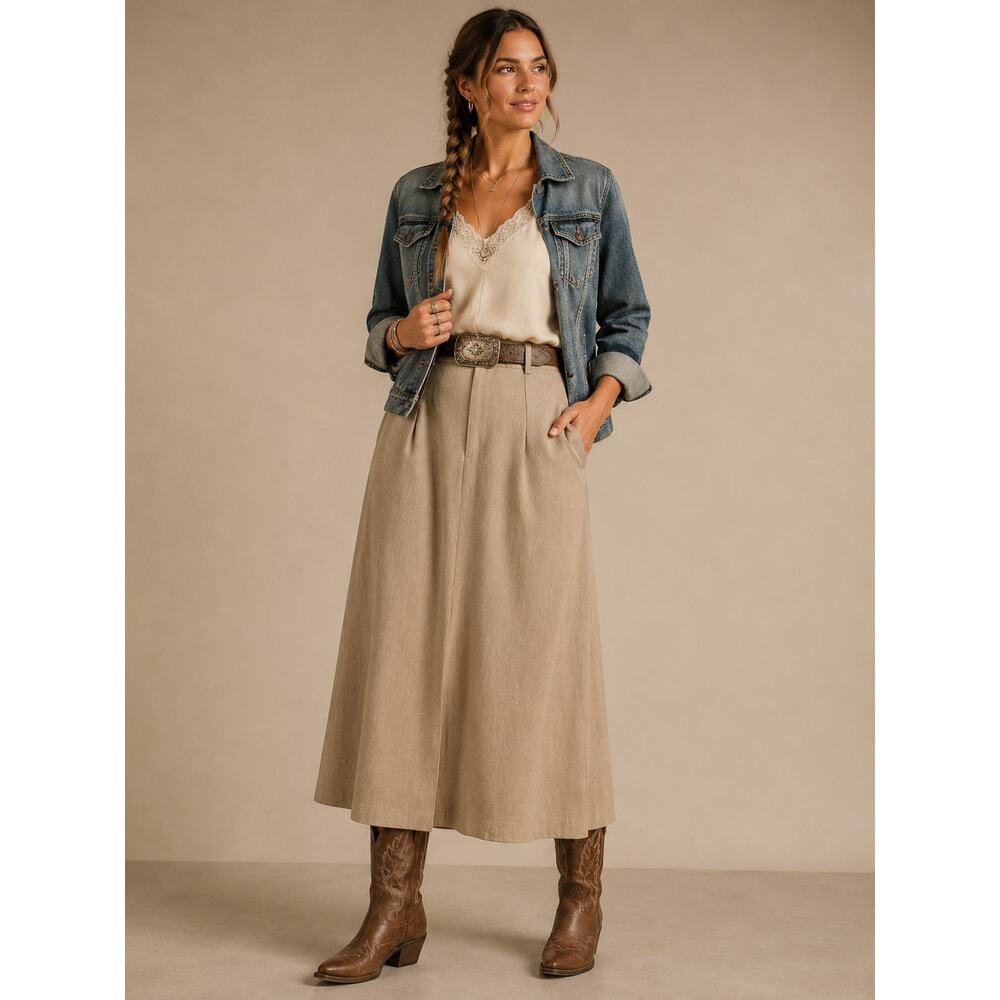 Tan Western Boho Maxi A-Line Skirt W/ Pockets Minimalist Size 14 Large